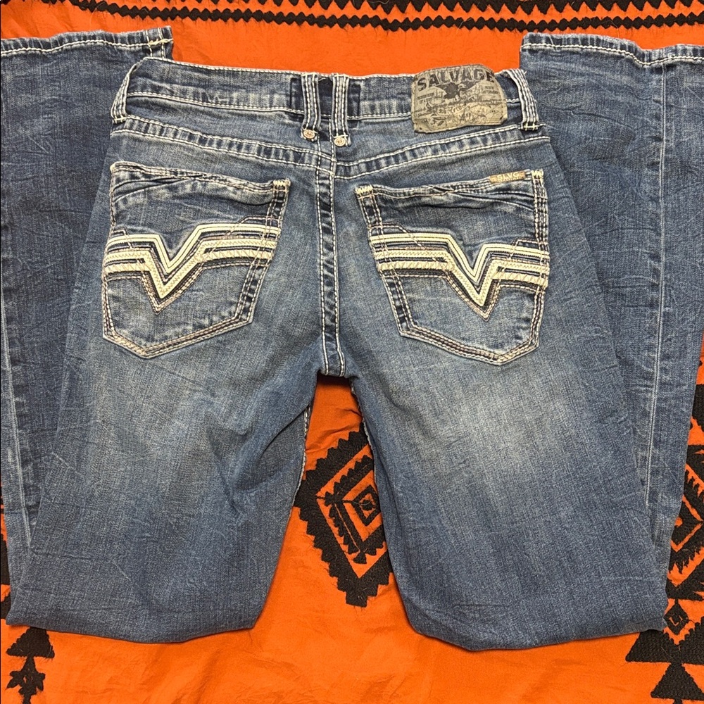 Salvage Distressed Blue Jeans with Embroidered Pockets